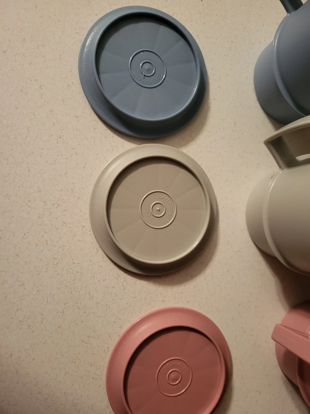 3 Vintage Tupperware Pastel Stacking Handle Coffee Mug 3 Lids/coasters 1312 1313